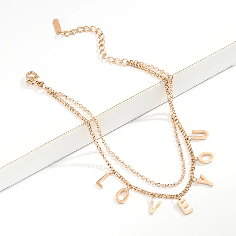 Latest Model 18k Rose Gold Plated Double Stainless Steel Chain Love Charm Design Hotwife Anklet Bracelets
