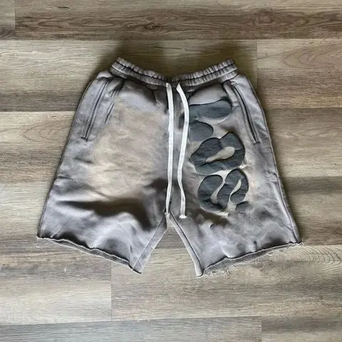 Custom Unisex Raw Hem 3D Puff Print Summer Sweat Shorts 100% Cotton Shorts De Hombre Sun Faded Stone Acid Wash Shorts for Men gallery 10