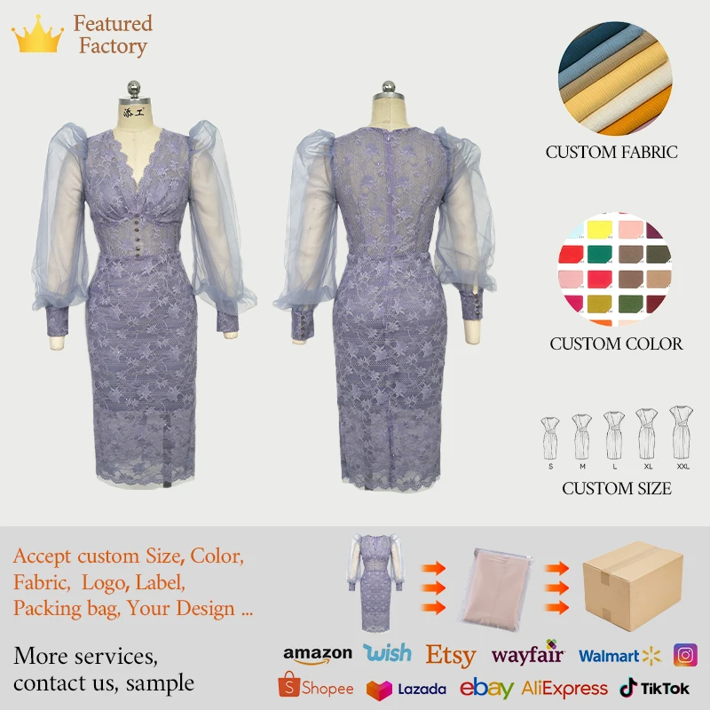 ZYHT 20269 Hot Selling Women Fashion Dresses Spring Autumn Puff Long Sleeve  Floral Sheer Lace Ladies Dress