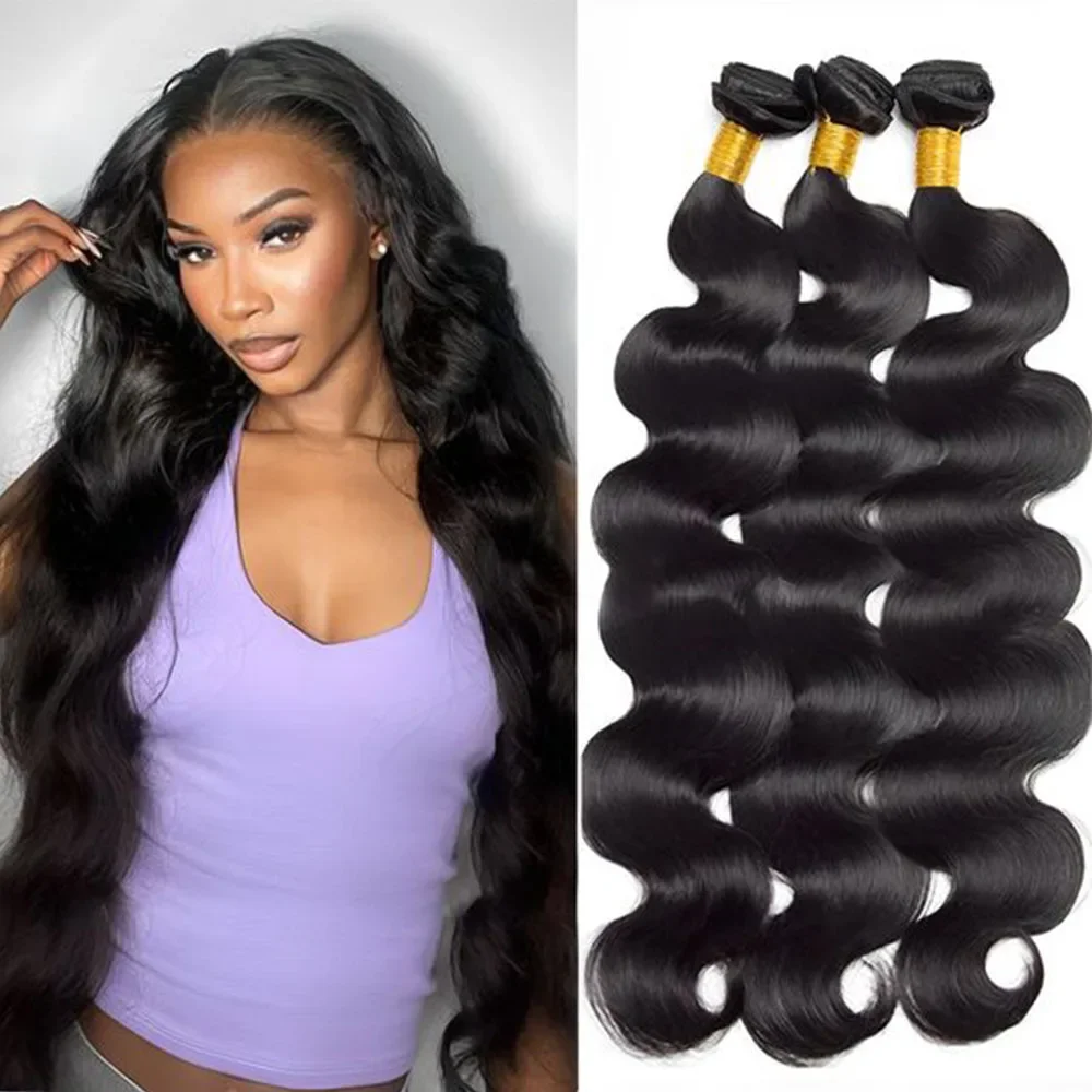 22 24 26 Inches Body Wave Bundles Human Hair Brazilian Hair 1/3/4 PCS Natural Black Remy Extensions_voghion.com