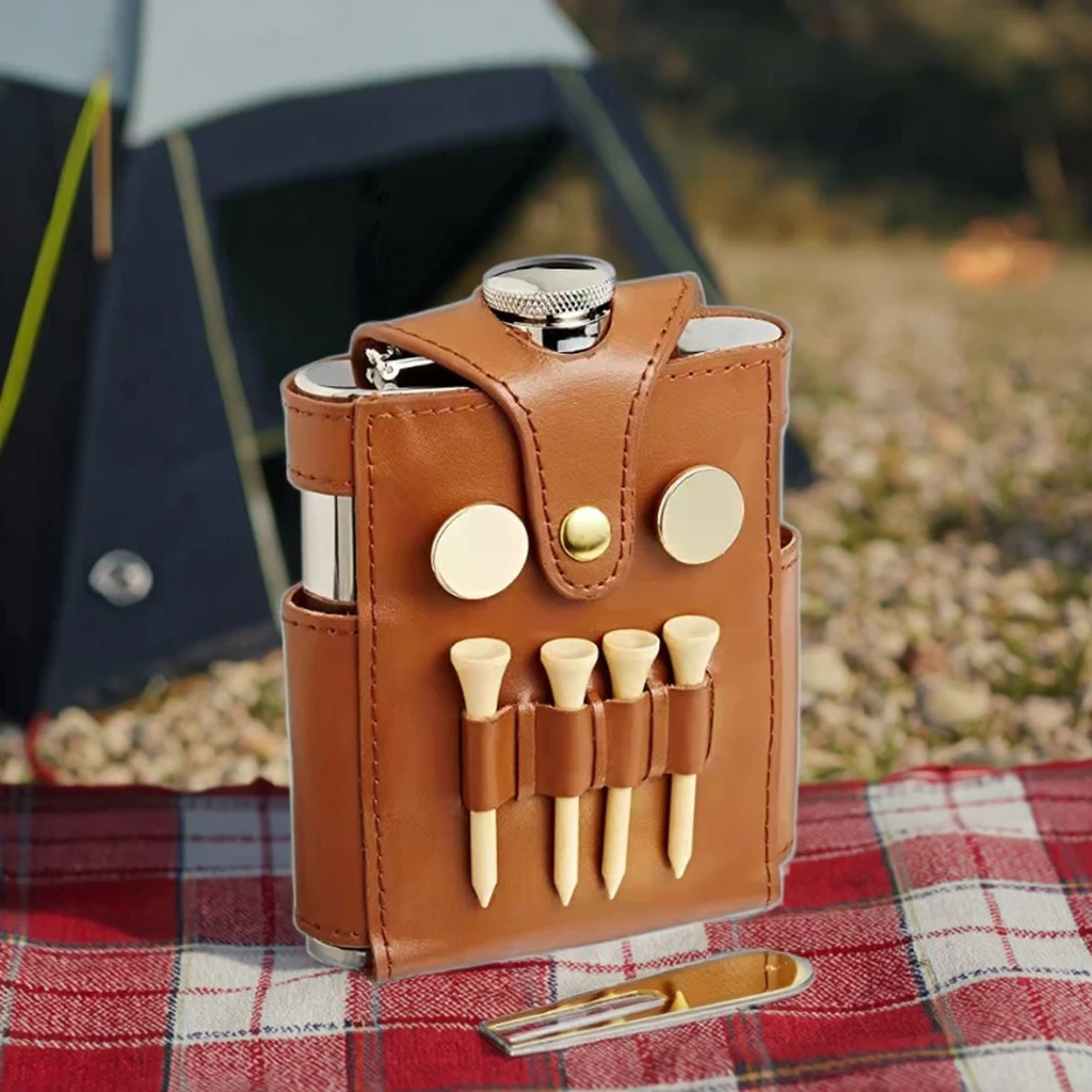 Portable Hip Flask Flagon Cover Leather Whiskey Wine Pot Bottle Gift 6Oz  Holder Golf Tee Holder