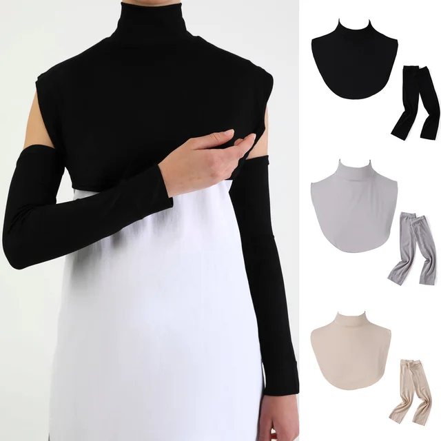 Wholesale Muslim Accessories Hijab Neck Cover Turtleneck Women Shirt Collar Cotton Jersey Fake Neck Collar Sleeve Cover Set