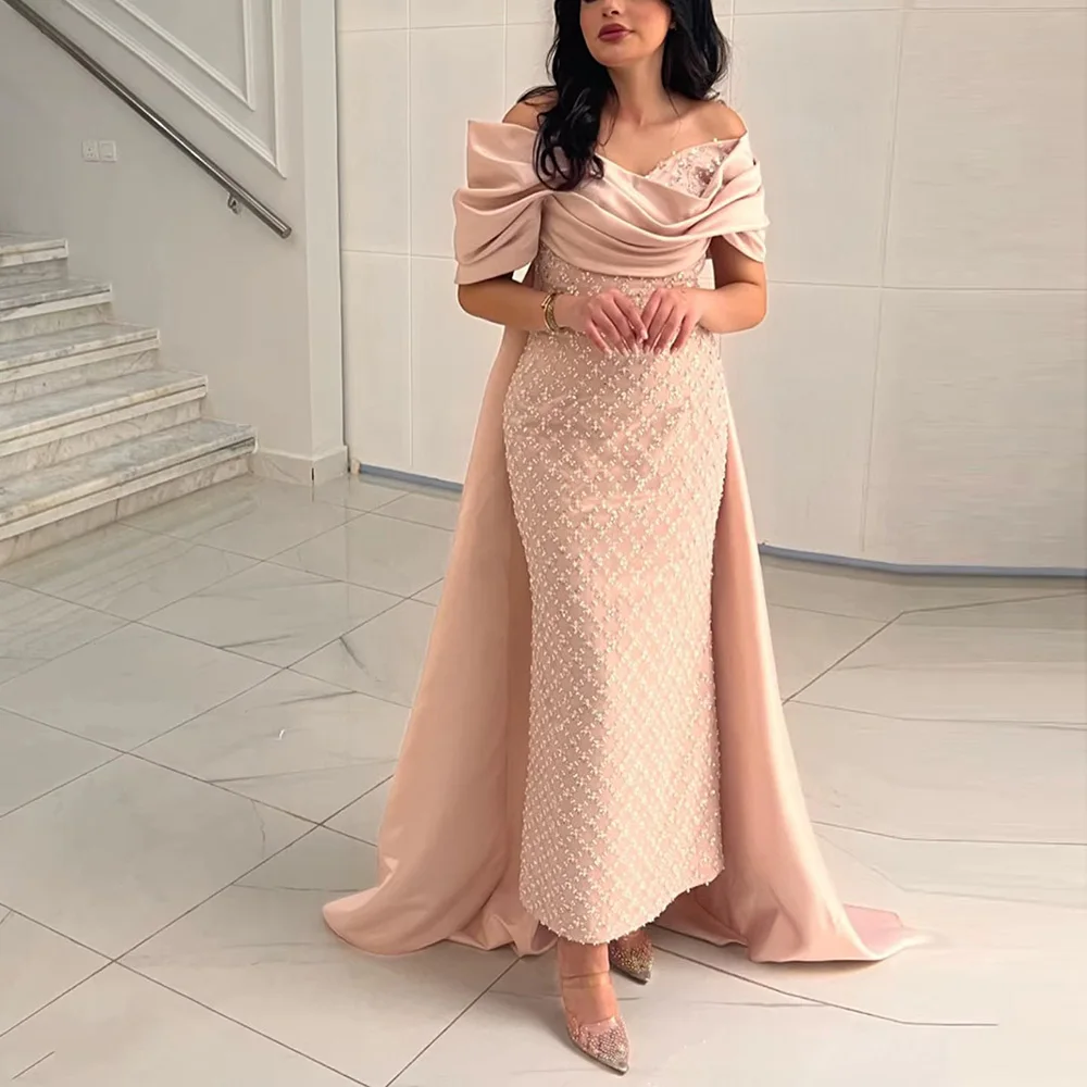 peach formal dress for women Peach Lace Off Shoulder Plunging Long Prom Formal Dress main image 0