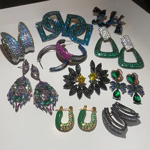 Womens High-End Diamond Flower Geometric Earrings Silver Needle European American Style Heavy Industry Fashion Dangle