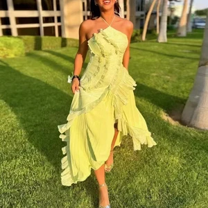 AELESEEN Chiffon Pleated Long Vacation Vestidos 2026 High Quality Halter Neck Purple Strapless Lotus Edge New Lady Beach