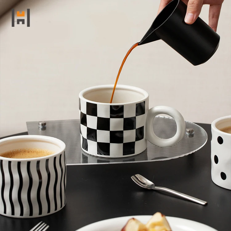 Creative Checkerboard Ceramic Mug 14oz With Lid Home Drinking Cup ...