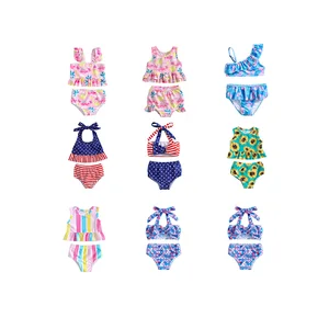 Summer Plaid Toddler Kids Bikinis Swimsuit Tie Dye Checkerboard Long Sleeve Ruffles Baby Girls Rash Guard Bathing Suit Swimwear