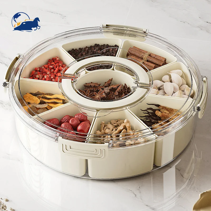Large Capacity Portable Transparent 6-Compartment Spice Storage Box with Lid and Handle Rotating Kitchen Fruit Tray