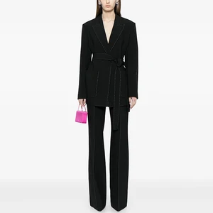 ZYHT 70160 White Black Long Sleeve Spring Autumn Winter Women Long Blazer Beaded Trim Belt Suit Pants Two-Piece Suit Set