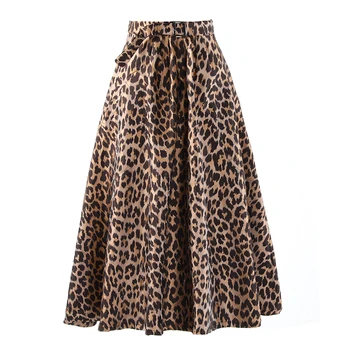 Women's Pleated Vintage Skirts Floral Print Casual Midi Skirt High Waist Leopard Skirt