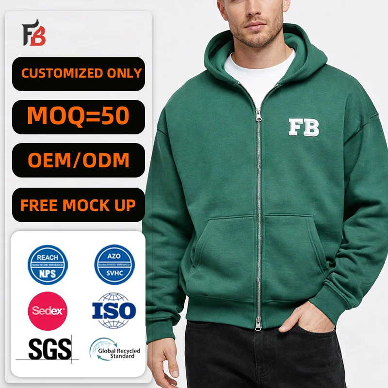 High Quality Custom Puff Printing logo Full Zip Hoodie Oversized Cotton Double Zipper Heavyweight Fleece Zip up Hoodie for Men