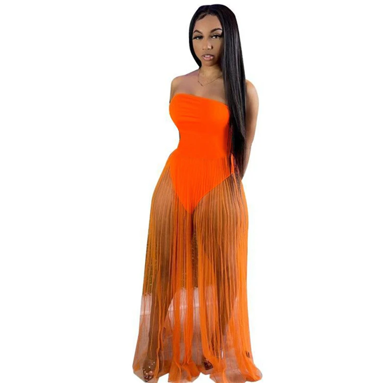MISS Women Clothes 2022 Strapless Bodycon Bodysuit Mesh Spliced Sexy Summer Solid Color Women Maxi Long Dresses