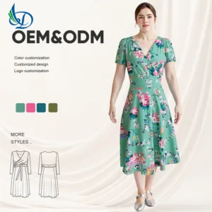 New Women's Retro Casual V-neck Printed Loose Dress, Suitable for Party to Wear