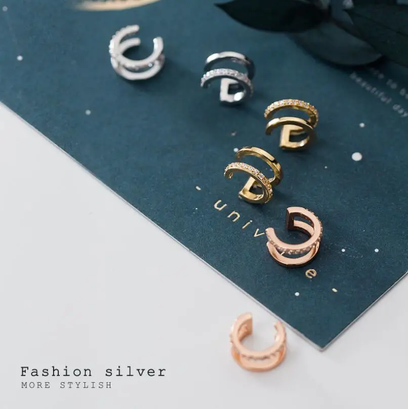 Wholesale Simple 925 Silver Earrings Jewelry Mini Couple Wire Line Double Band Micro Pave CZ Ear Cuff Earrings