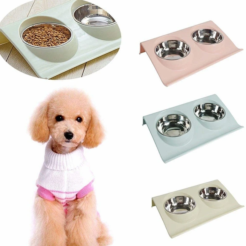 Double Dog Bowl Pet Feeding Dish Nonslip Raised Pp Station Stainless