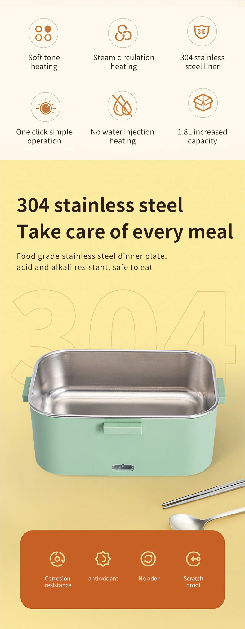 1.8l 12v 24v 110v 220v Portable Electric Heating Lunch Box Stainless