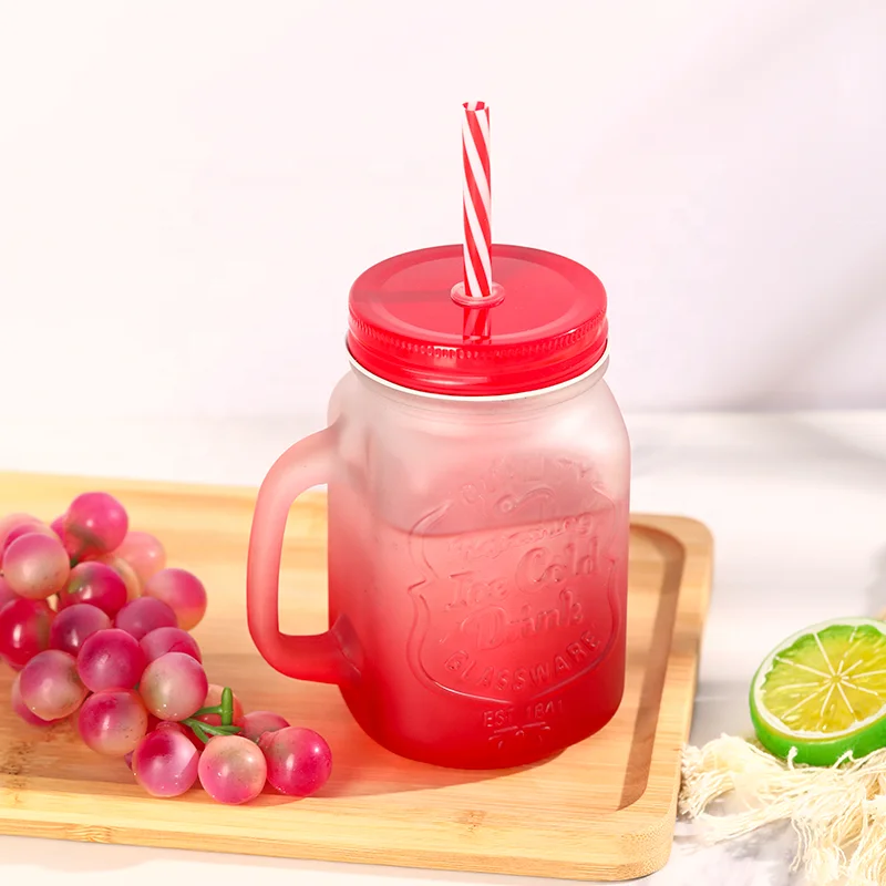 Reusable 16oz 450ml Colored Mason Glass Juice Drinking Jar With Straw Lid Glass Mug for Iced Lemon Water Juice Drinking
