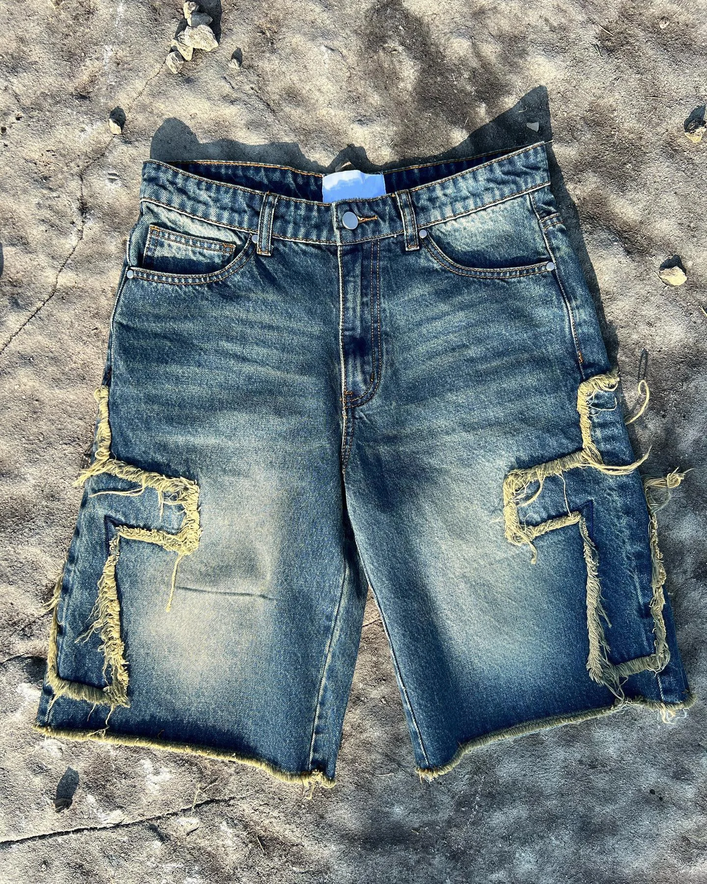 Custom Streetwear Summer Knee Length Cotton Baggy Vintage Wash Distressed Flared Bermuda Trousers Denim Jorts Jeans Shorts Men gallery 2
