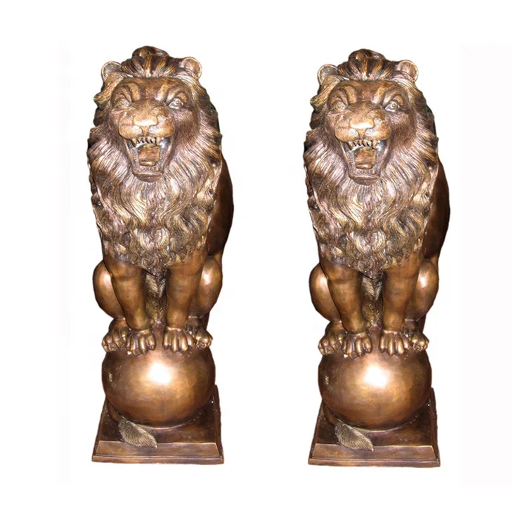 Garden Two Metal Bronze Lions Sculpture Brass Lion and Ball