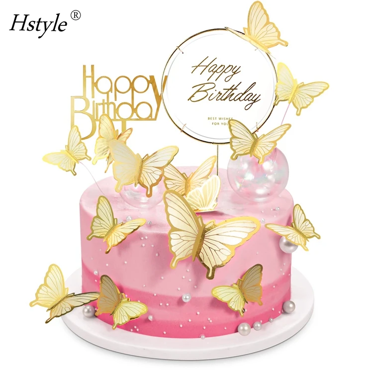 Feliz Cumpleaños Inglés Metal Acrílico Toppers Para Tartas De Cumpleaños - 60 Mariposas De Papel 2 Feliz Cumpleaños, Adornos Para Pasteles De Boda Y Bautizo Decoración Bodas Bautizos Comunión