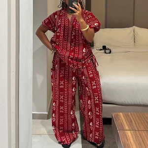Ladies Casual 2 Pieces Set Sweet Fresh Printed V-Neck Batwing Sleeve High-Waisted Straight-Leg Pants Two-Piece Set for Women