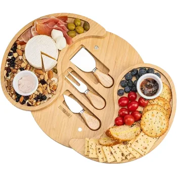 Bamboo and Wood Dinner Plate Set Rotatable Cheese Cutting Board Cooked Food Board Kitchen Snack Tray Party and Event Plating