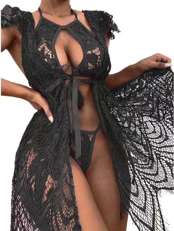 Bata de baño larga de encaje para mujer, ropa de dormir Sexy de malla, bata para mujer, ropa de playa de verano, lencería sexy_voghion.com