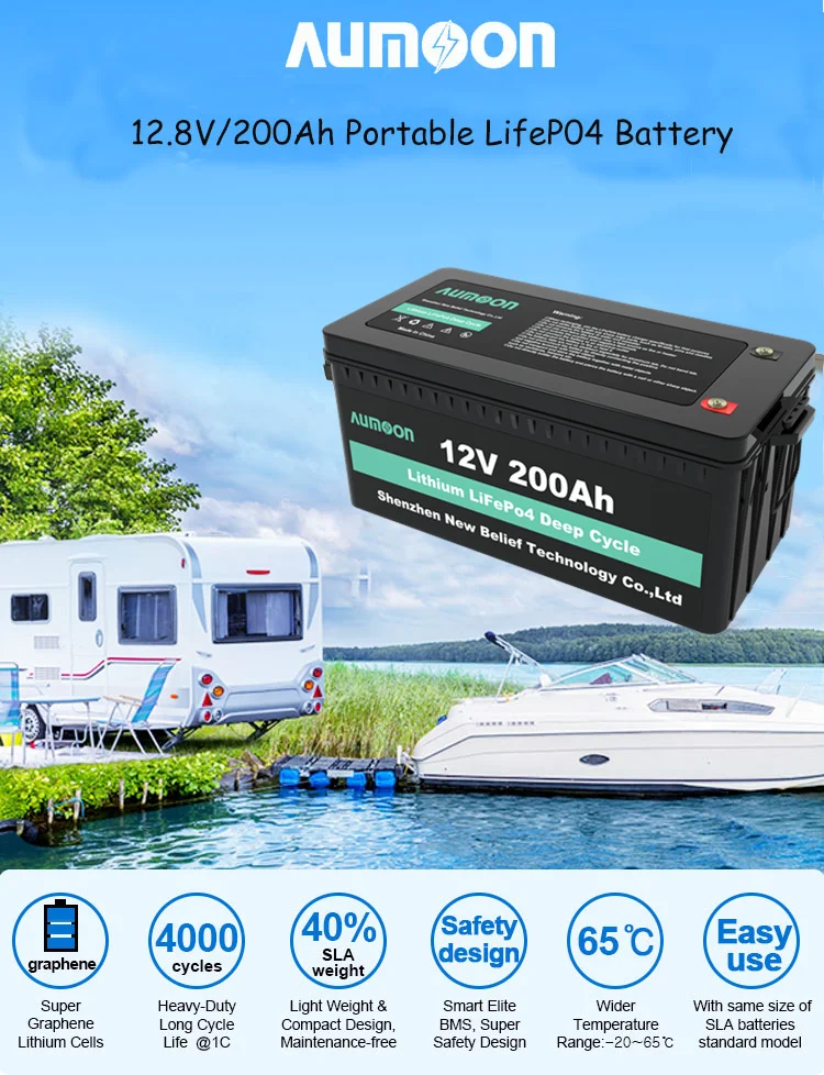 LP12 Aumoon OEM Lifepo4 Battery12V100A 200A with Built-in 4S 8S BMS Auto Rechargeable Lithium Ion Battery