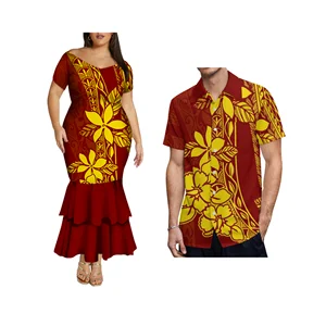 Customize Customized Aloha Summer ODM Women Plus Size Hawaii Print Polynesian Design Shoulder Mermaid Dress Match Couple Clothes