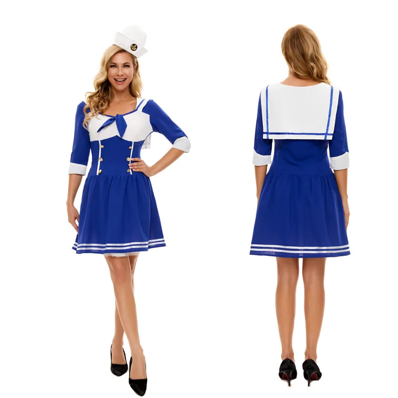 Women Sexy Sailor Costume Adult Navy Sailor Suit Blue Navy Fancy Dress  Women Halloween Cosplay Party Clothing With Hat
