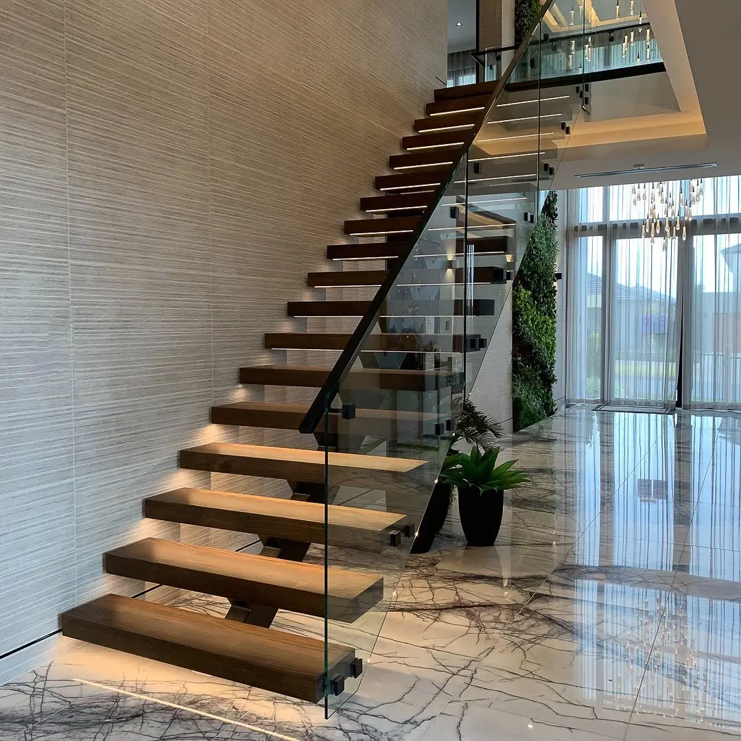 customized staircase modern carbon steel mono beam beech/oak wood tread stairs indoor/staircase design for houses factory