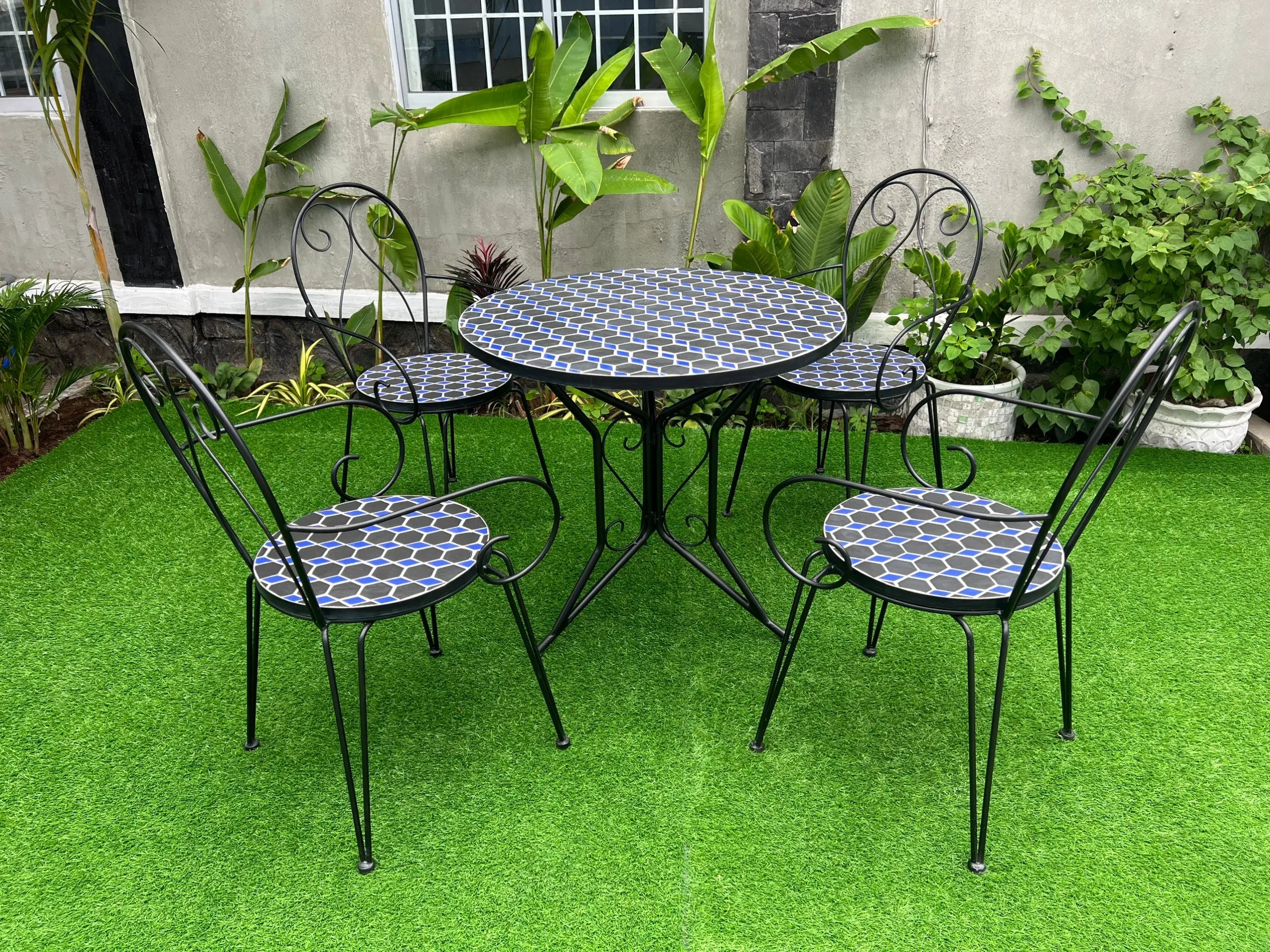 Patio Dining Set Round Mosaic Table with 4 Patio Folding Chairs Garden Outdoor Table and Chairs