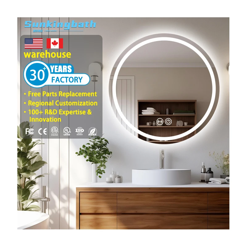 Lighted up 3 Color Dimming Demister Mirror With Lighting Round Led Bathroom Mirrors Smart Illuminated Bath Mirror