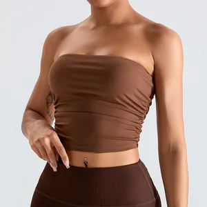 Custom Logo Women Ribbed Sexy Bandeau Crop Top Tube Yoga Fitness Bras With Side Pleats