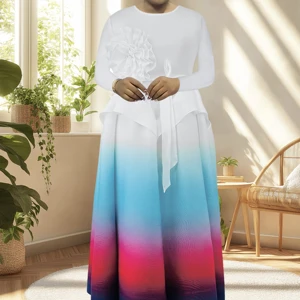 Graduated Color Miyake Pleated Dress with a Floral Design and a Belt for a Large Size Dress