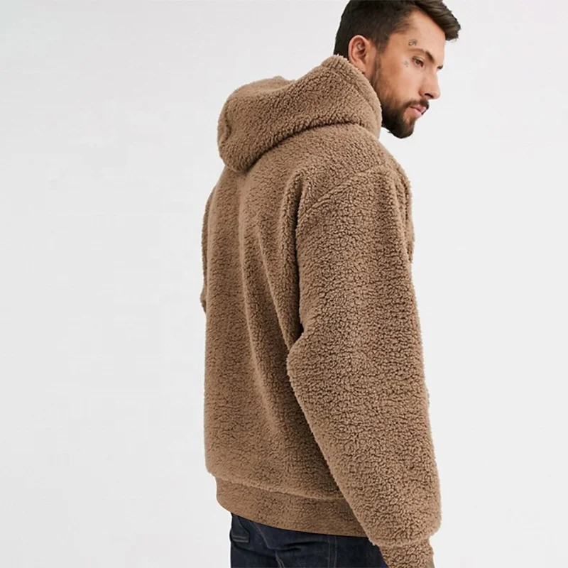 JL-12152 OEM Plain Brown Hoodies Men Lamb Plush Thickened Warm Hoodie Loose Casual Sherpa Hoodies for Men