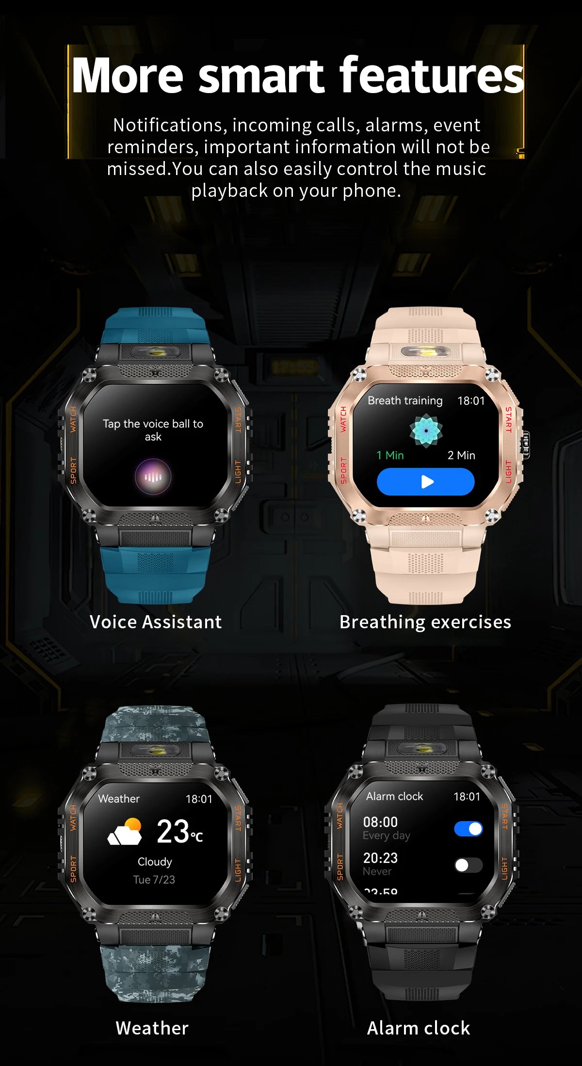 product laudtec men outdoor smart watch led flashlight bt calling voice assistant large screen sports smartwatch wearable device sb004-10