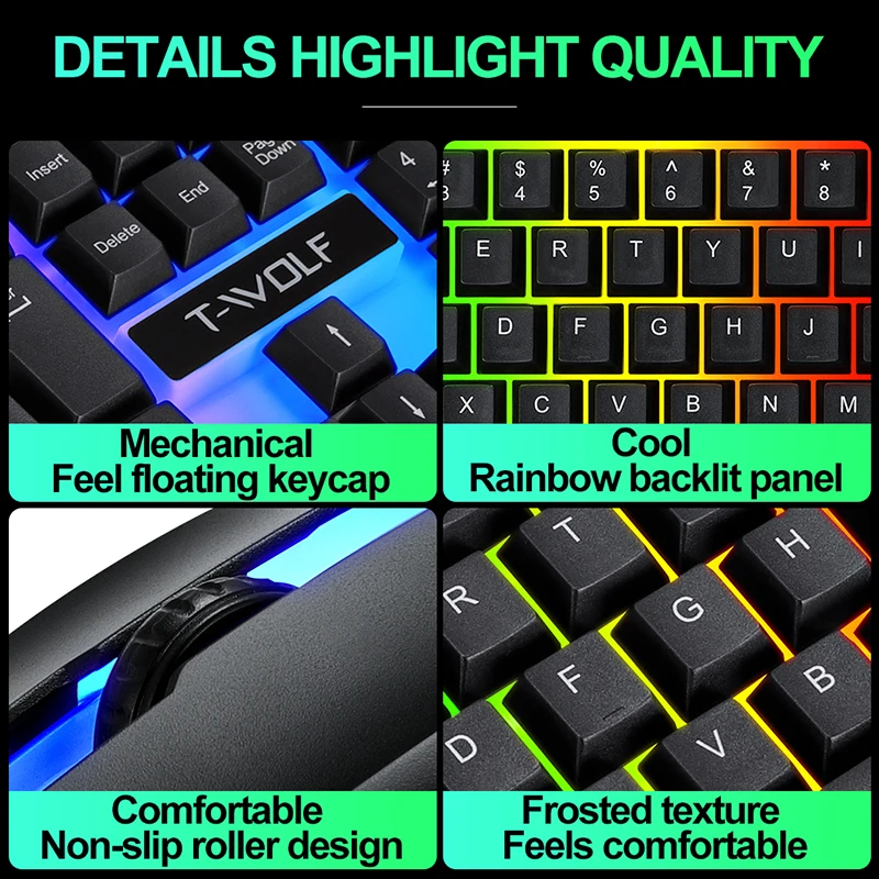 Wholesale T-WOLF TF230 Russian Arabic Led Gaming Keyboard Mouse Combos Wired Backlit Gam aperçu 5