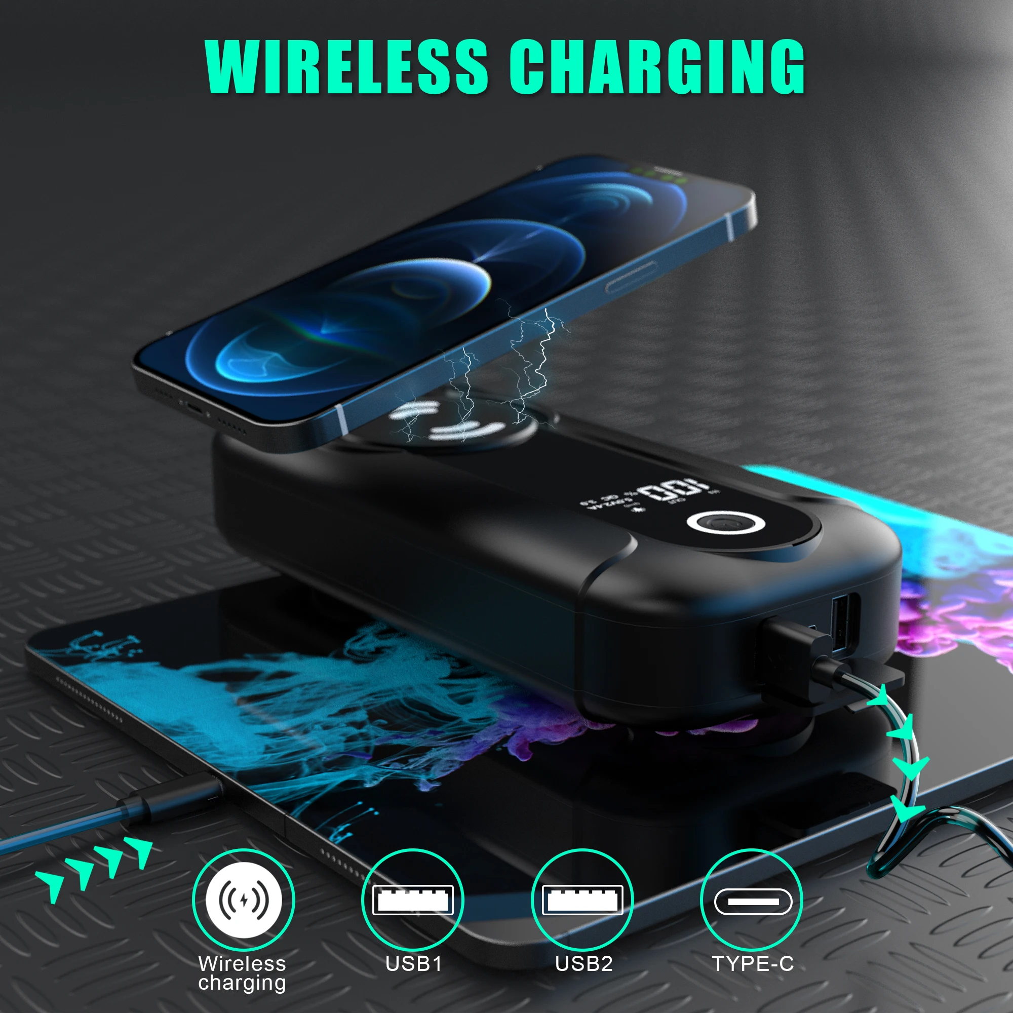 Multifunctional 12V/24V Truck Car Battery Jump Starter Power Bank 2000A SOS LED Light Wireless Charging Winter Cold Start Rescue
