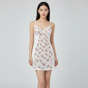 Sexy Women Microfiber Lace Sleeveless Babydoll Nightgown Silk Screen Printing Soft Smooth OEM Factory Lingerie Brands Elegant