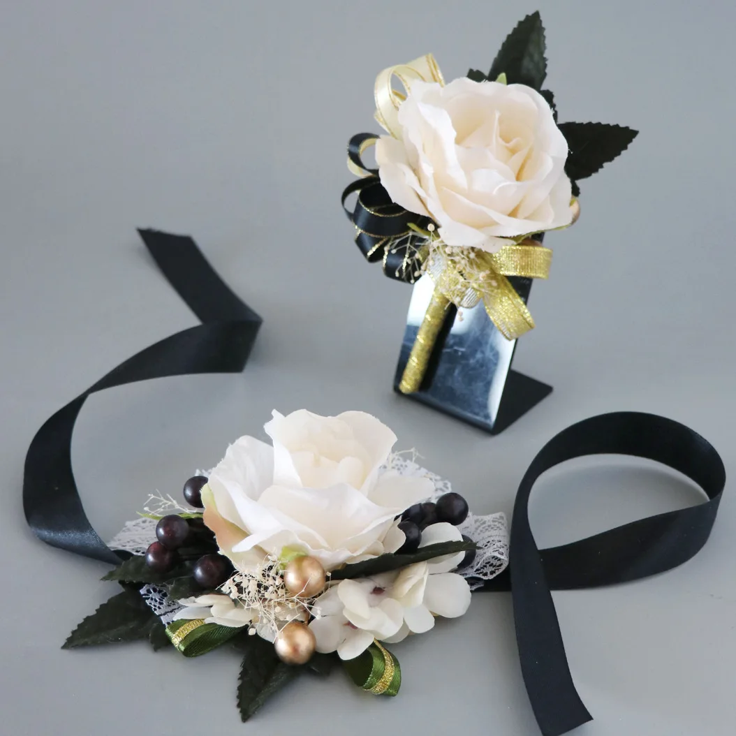 Rose Wrist Corsage Wristlet Band Bracelet and Men Boutonniere Set for  Wedding Flowers Accessories Prom Suit Decorations(A) 