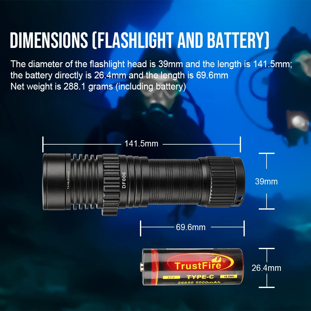 For DF006 Diving Flashlight Aluminum Alloy IP68 Waterproof 100M