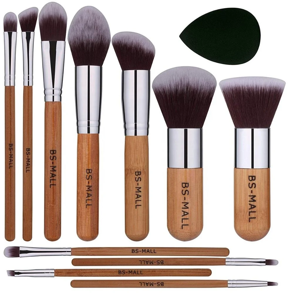 BS-MALL Custom Logo Bamboo Brushes Makeup Cosmetic Print Yor LOGO 11pcs Natural Handle Bamboo Makeup