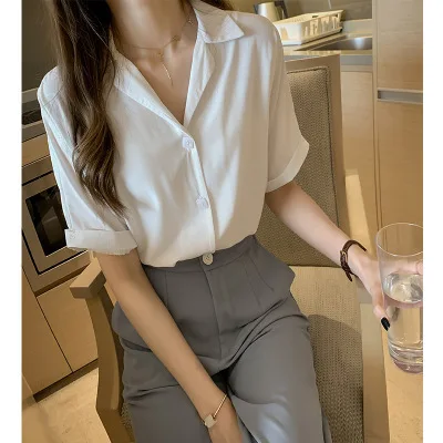 Summer Short Sleeve Shirt Women Girls Square Button Lapel Solid Color New  Fashion Korean Style Shirts Casual Tops Shirt
