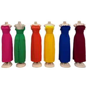 Wholesale New Summer Sexy Feather Strapless Backless Waist Women's Stitching Solid Color Dress