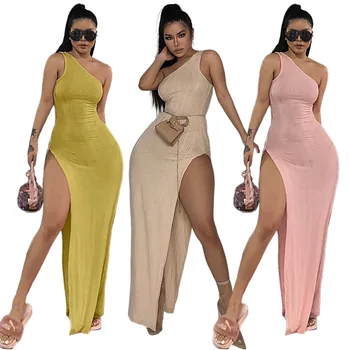 2021 Fall Women Solid Bodycon Booty Tank Top One Shoulder Maxi Night Club Dresses Clothing With High Slit