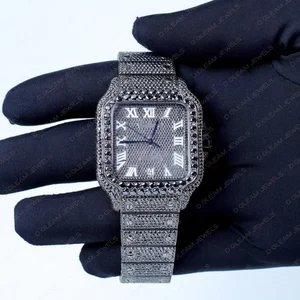 Modern Luxury Hip-Hop Moissanite Watch with Fully Black Shape Square Stainless Steel Case Bust Down Iced out Effect