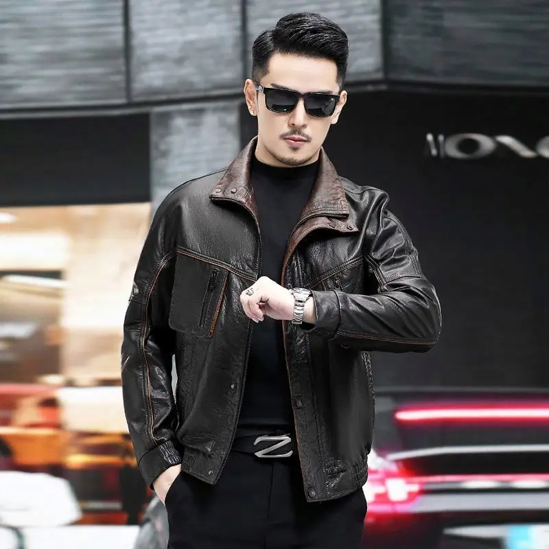 Men's Vintage Bomber Coat Thicken Cargo Motorcycle Jacket Biker Jackets European Winter Warm Real Leather Knitted_voghion.com