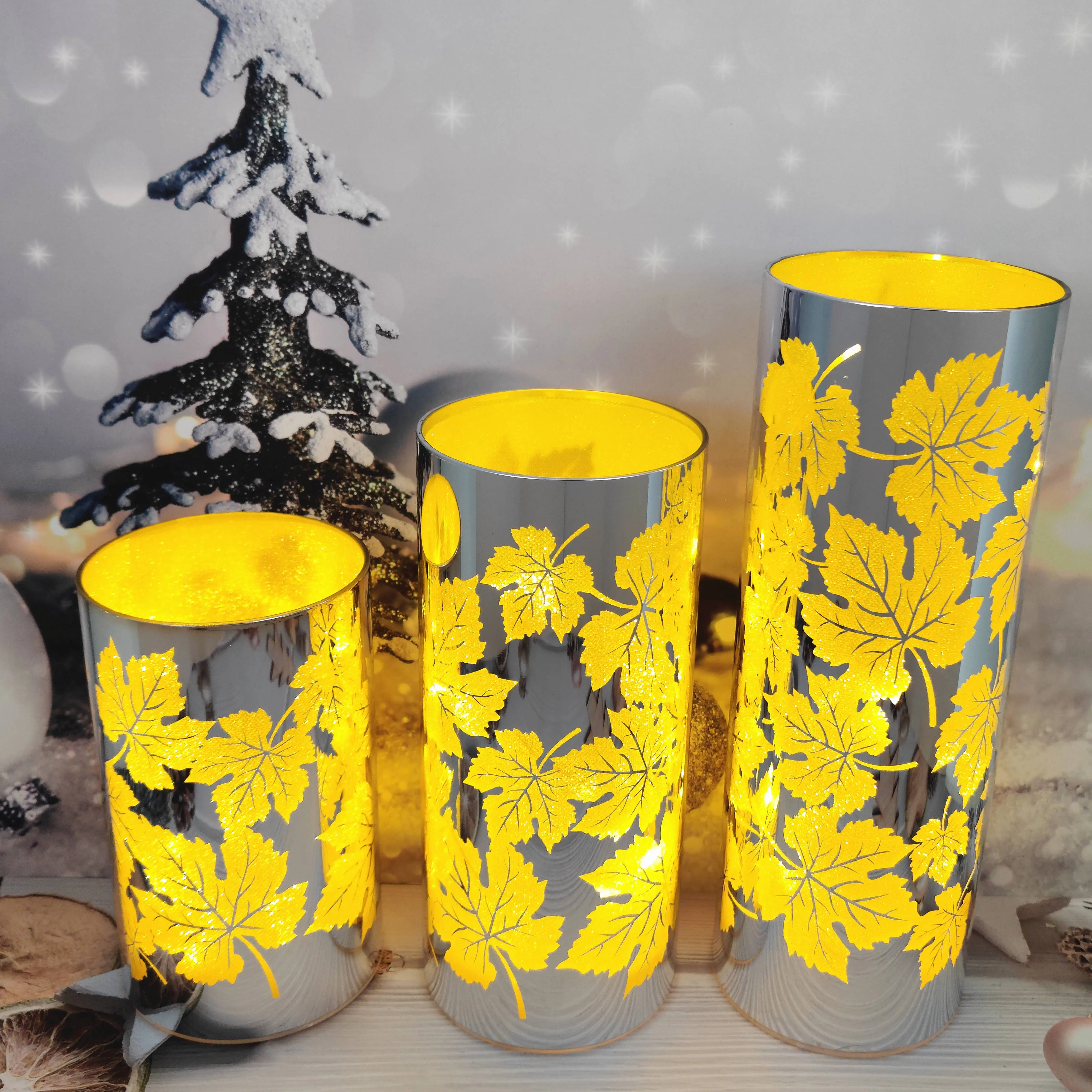 Battery operated led light up glass Christmas cylinder hurricane table decoration setting ideas supplier