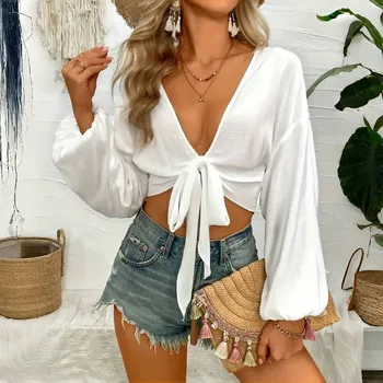 Fashion Open Front Knotted Blouse sexy short shirt Elegant Long Sleeve Women Crop Top For Beach Vacation